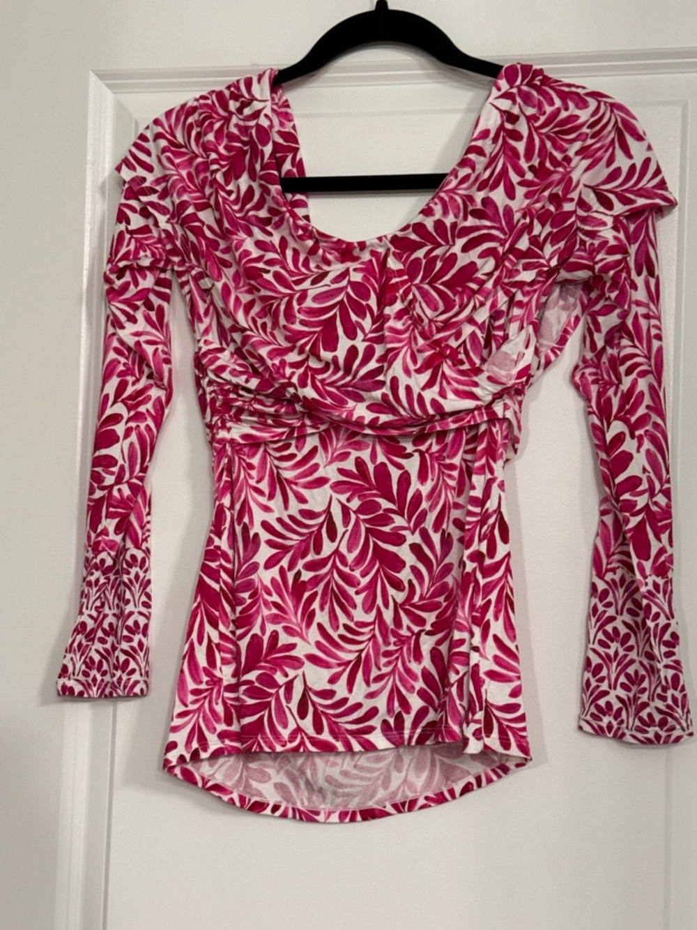 Hale Bob Pink Leaf Print Surplice V-Neck Long Sleeve Top Size L